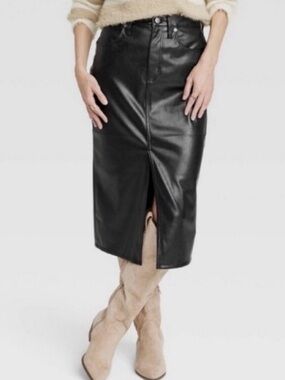 Universal Thread Faux Leather Midi Pencil Skirt with Front Slit